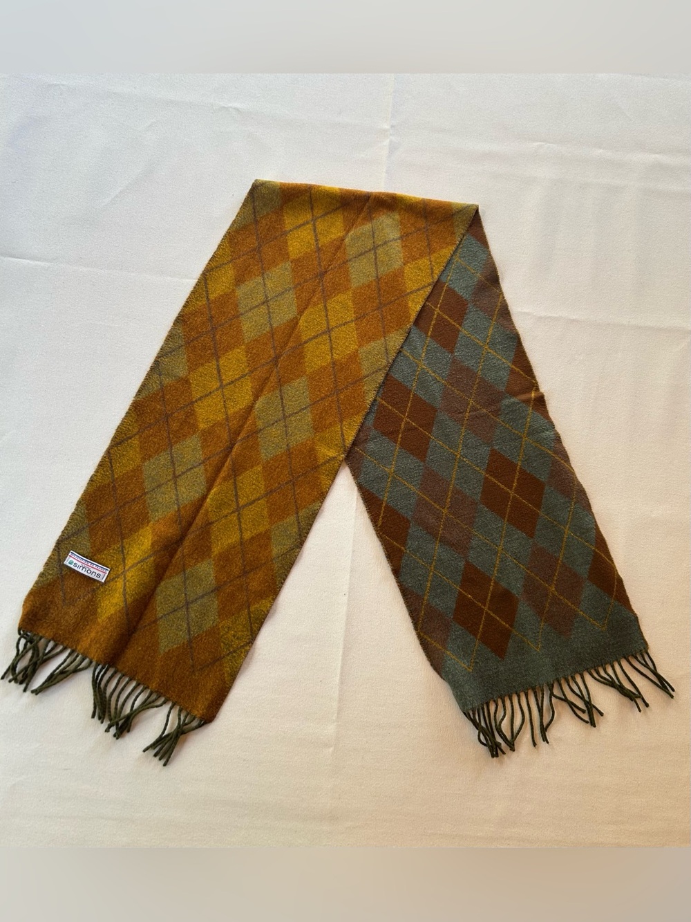 Vintage Simons France Reversible Argyle Wool Scarf Mustard Yellow Blue Brown